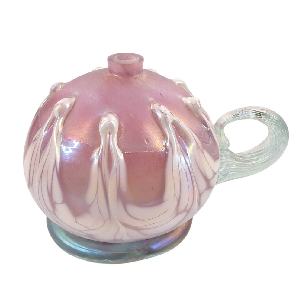 Mt St Helens Ash Glass Iridescent Pink Pulled Feather Oil Lamp Art Glass Handle